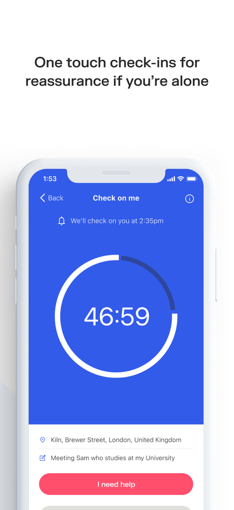 Smartphone screen showing the Sonder app's Check on me safety feature with a countdown timer and location tracking for personal security.