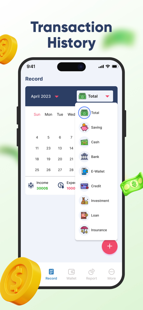 Money Tracker: Budget Manager - Schermata della cronologia delle transazioni che mostra un calendario e varie categorie di spesa come risparmio in contanti e banca