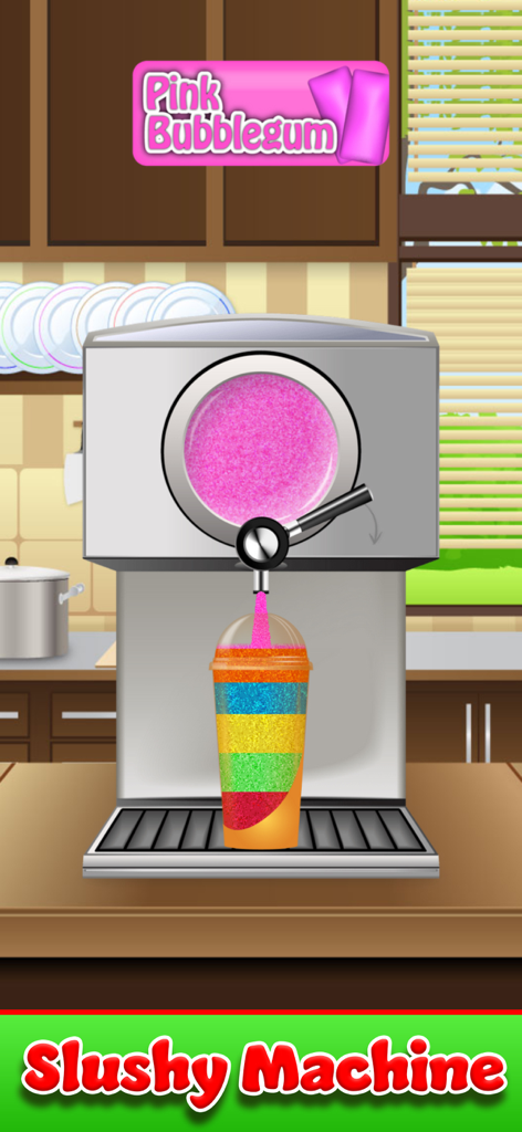 Uma máquina de slushy de desenho animado despejando líquido rosa de chiclete em um copo colorido em camadas em um jogo de culinária infantil.