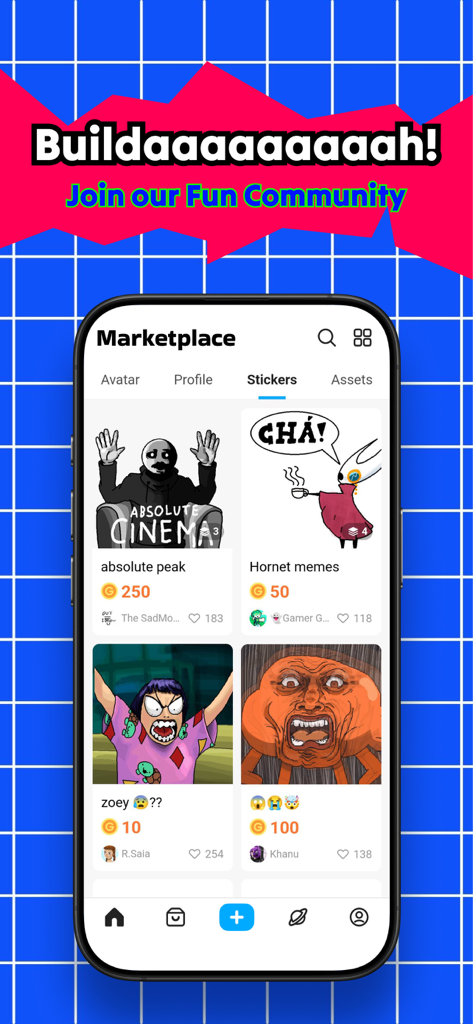 A tela do marketplace do aplicativo Builda com adesivos e memes criados por usuários disponíveis para compra.