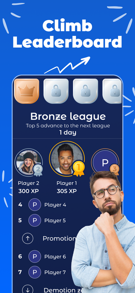 Quizy - General Knowledge Quiz - Tabla de clasificación de la aplicación de trivia Quizy que muestra los rankings de jugadores y XP en la liga de Bronce.