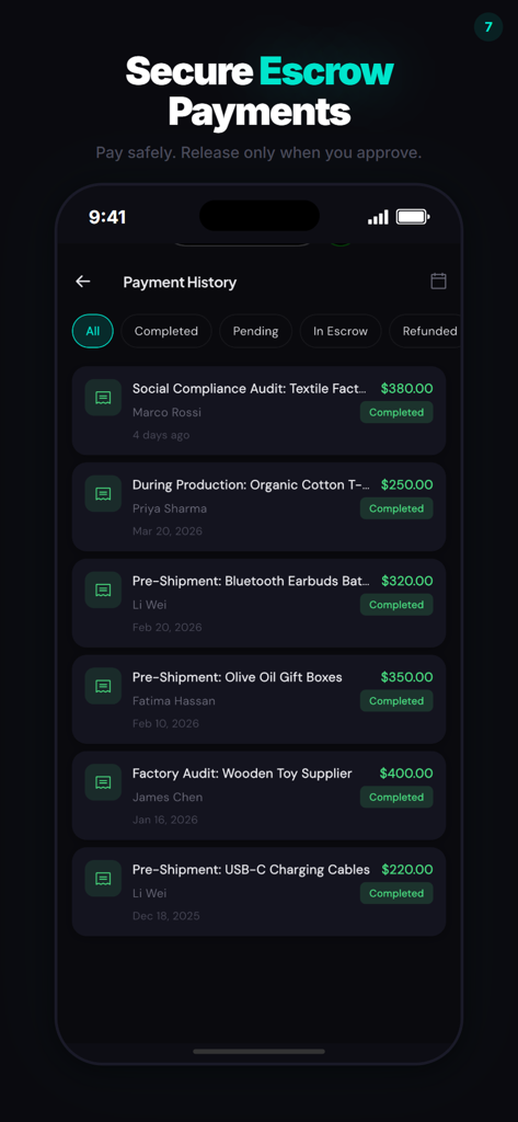 Spektor - Spektor app interface showing payment history and secure escrow transactions for various quality inspection services