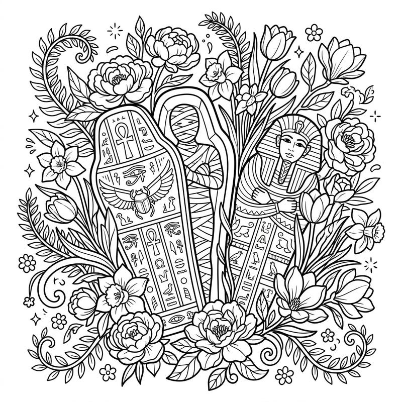 Delve into a unique fusion of history and nature with this enchanting coloring page, where elaborate Egyptian sarcophagi meet the vibrant beauty of spring. Unravel intricate details and bring this scene of ancient renewal to life with your favorite colors.