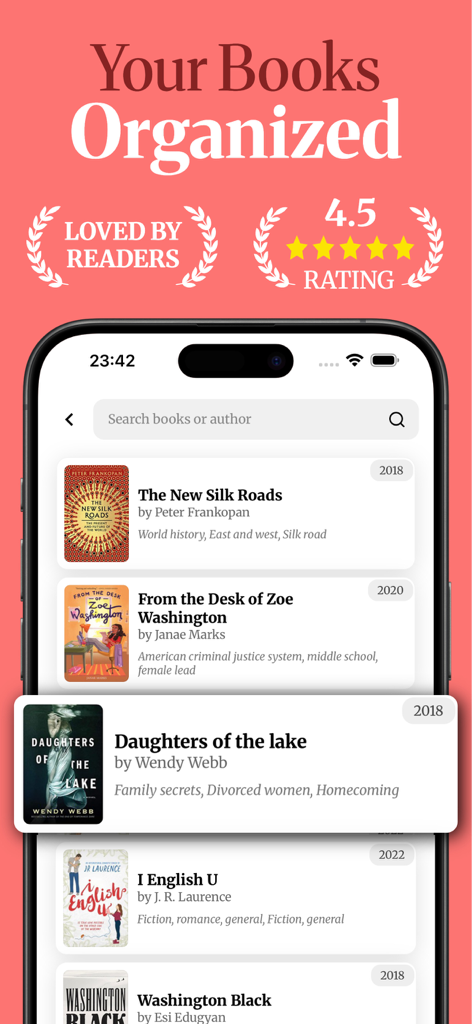 Book Tracker & Log - ReadList - ReadList mobile app showing an organized list of tracked books with titles and ratings.