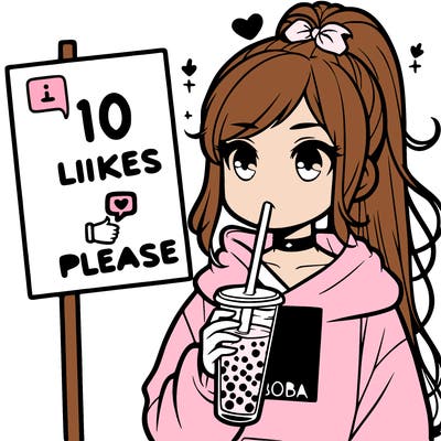girl with a high ponytail and a hoodie drinking boba staring at a sign saying 10 likes please