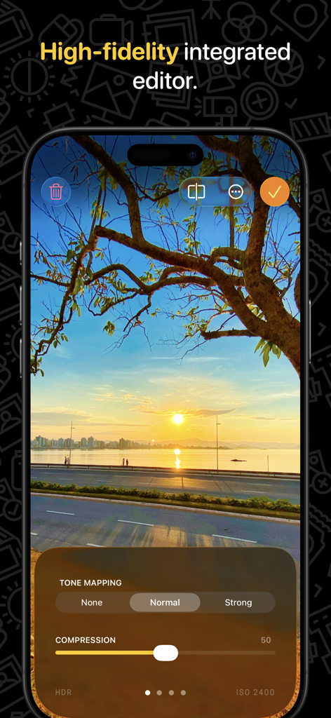 Hydra 2 › AI Camera: RAW + HDR - Interfaz de la aplicación Hydra 2 mostrando el editor de fotos integrado de alta fidelidad con controles de mapeo de tonos