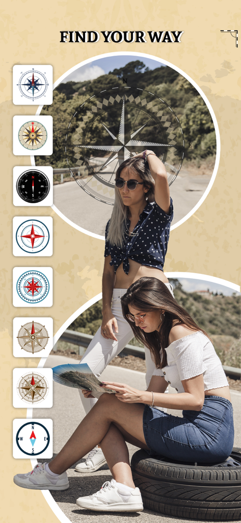 Precise digital compass GPS - Digital compass app interface showing travelers and different compass design options
