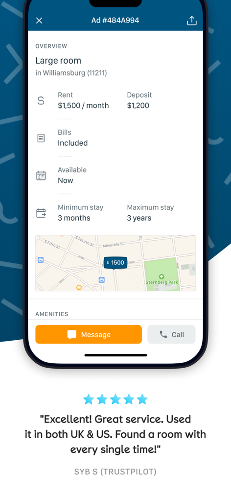 SpareRoom US app interface showing a large room listing in Williamsburg with rent details and a location map