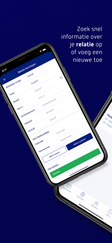 Pantalla móvil que muestra el formulario para añadir relaciones en la aplicación e-Boekhouden
