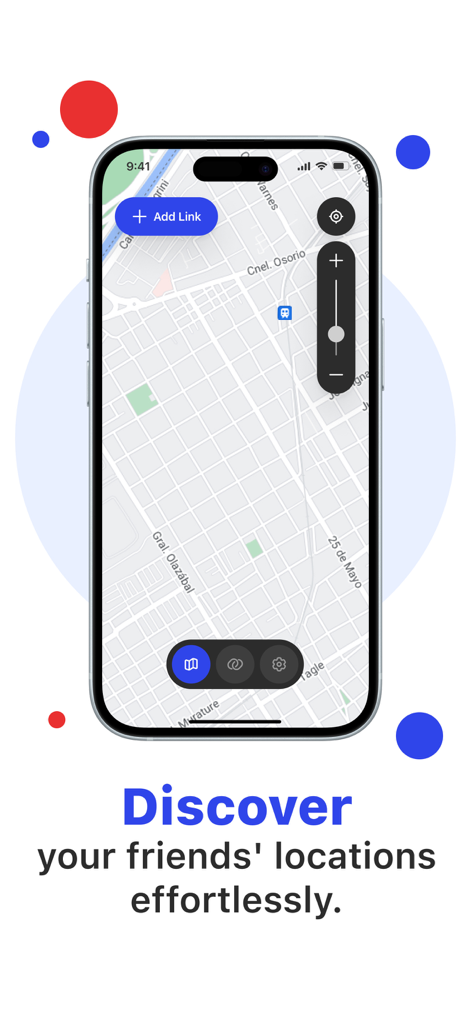 Location Tracker Cell Find GPS - iPhone screen showing a GPS map interface with the text Discover your friends locations effortlessly