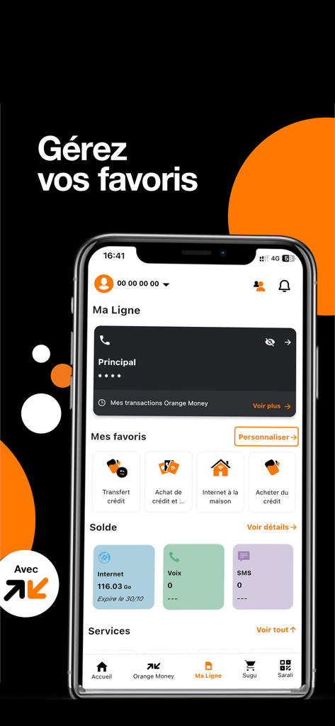 Orange Max it – Mali - Orange Max it Mali mobile app dashboard showing favorites and account balance information