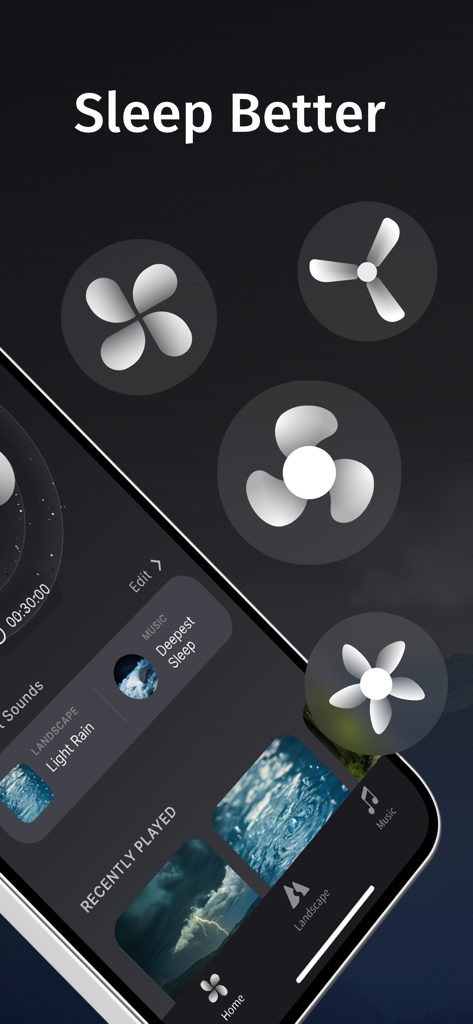 A smartphone showing the Tap Fan Noise app interface with various sleep sound categories and floating fan icons.