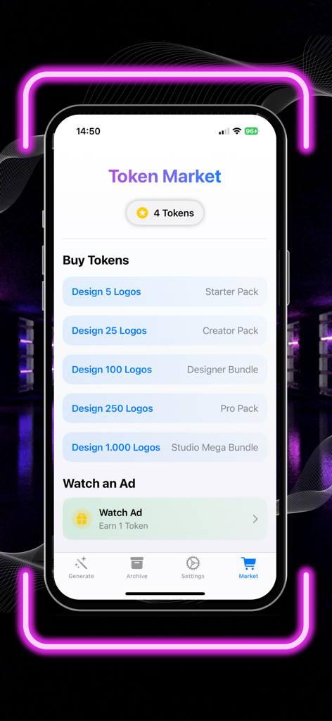 Logo Craft AI: AI Logo Maker - Pantalla de la aplicación Logo Craft AI que muestra el mercado de tokens con paquetes de precios de diseño de logo y una opción para ganar tokens viendo anuncios