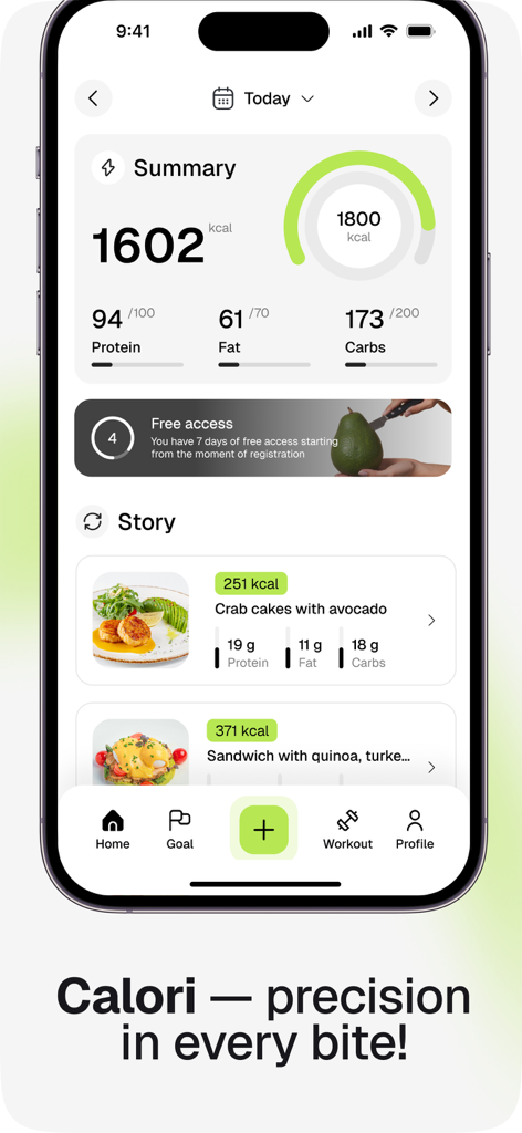 Calori app dashboard displaying daily calorie and macronutrient summary with a food log history.