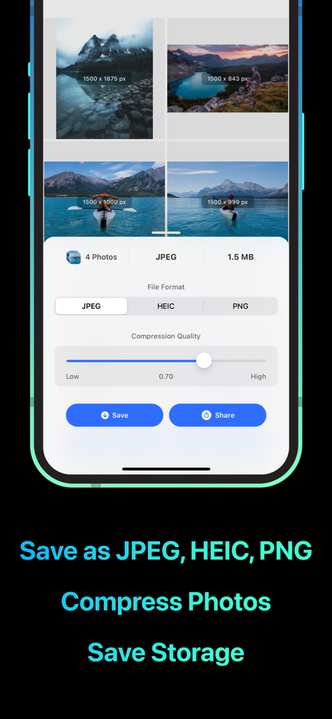 Resize Photos· - JPEG、HEIC、PNGのファイル形式オプションと写真圧縮品質スライダーが表示されたモバイルアプリインターフェース。