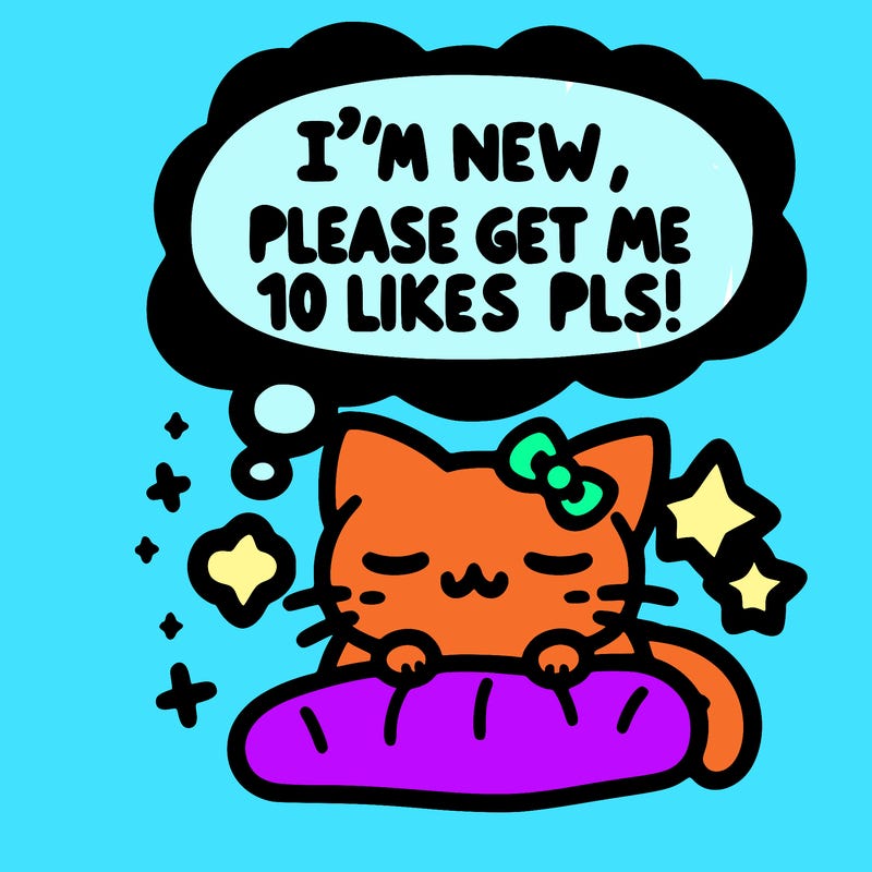 kitty taking a nap dream talking and saying "i'm new, please get me at least 10 likes pls!!"