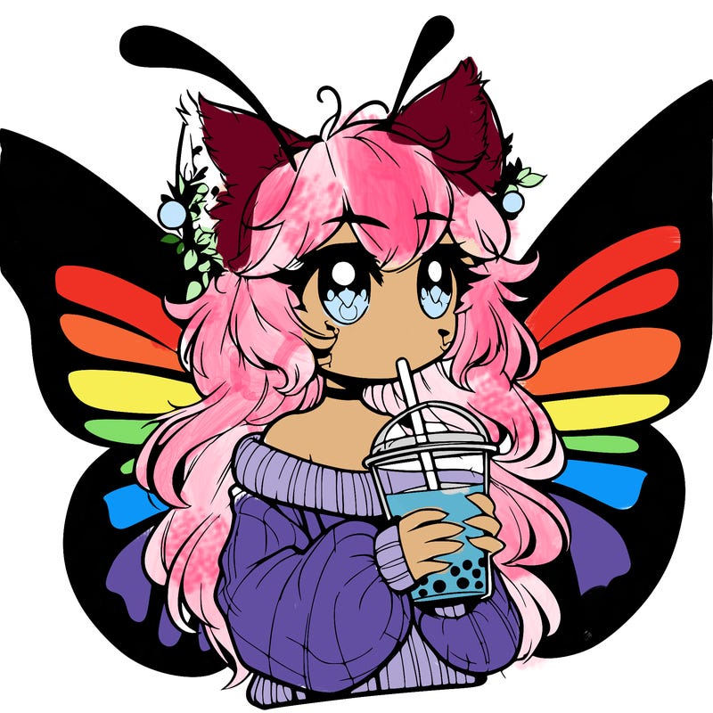 a realistic butterfly/furry girl drinking boba