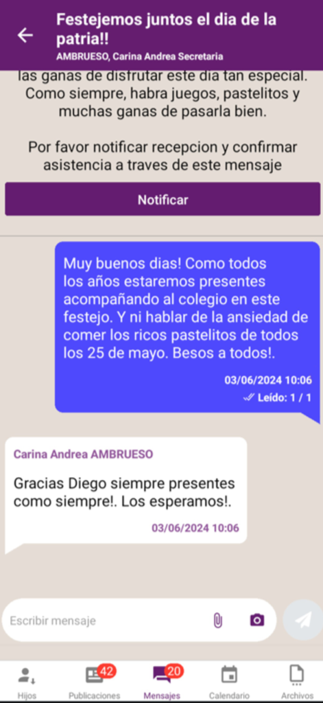 Xhendra mobile app messaging interface showing a school communication chat in Spanish