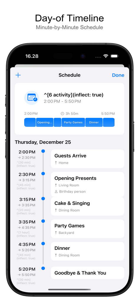 Event Stories - Party Planner - Un cronograma y horario detallado minuto a minuto dentro de la aplicación Event Stories.