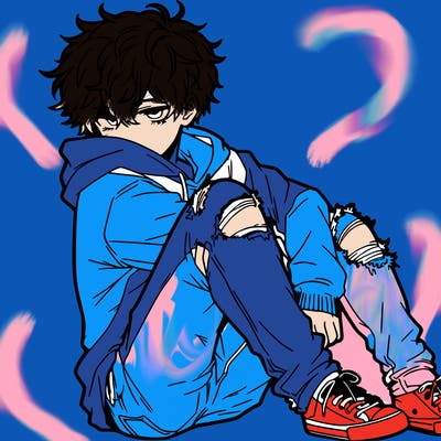 a male hoddie ripped jeans messy hair anime