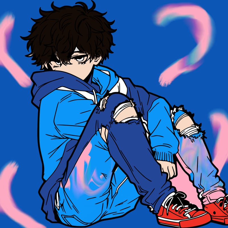 a male hoddie ripped jeans messy hair anime