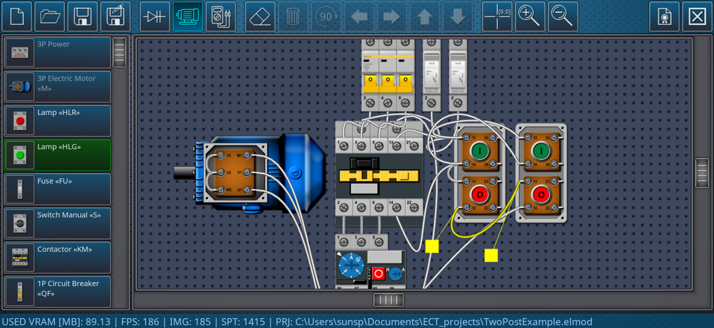 Electric Circuits Simulator - Simulador de circuitos eléctricos industriales mostrando una disposición de control de motor con componentes de lógica de relés
