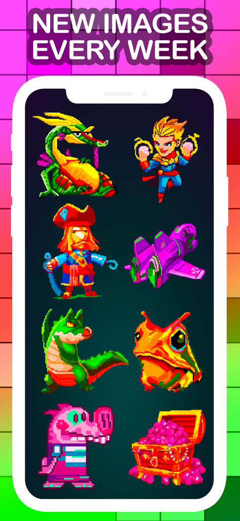 Magico: Fun Pixel Art Coloring - Phone screen displaying colorful pixel art characters in the Magico coloring app