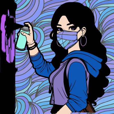 realistic girl with mask spray painting a wall