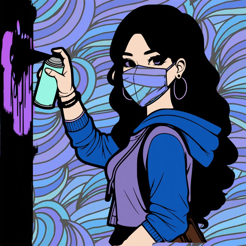 realistic girl with mask spray painting a wall