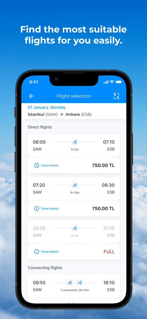AJet - Cheap Flight Ticket - Écran de sélection de vol de l'application mobile AJet montrant les horaires et les prix disponibles pour des vols d'Istanbul à Ankara.
