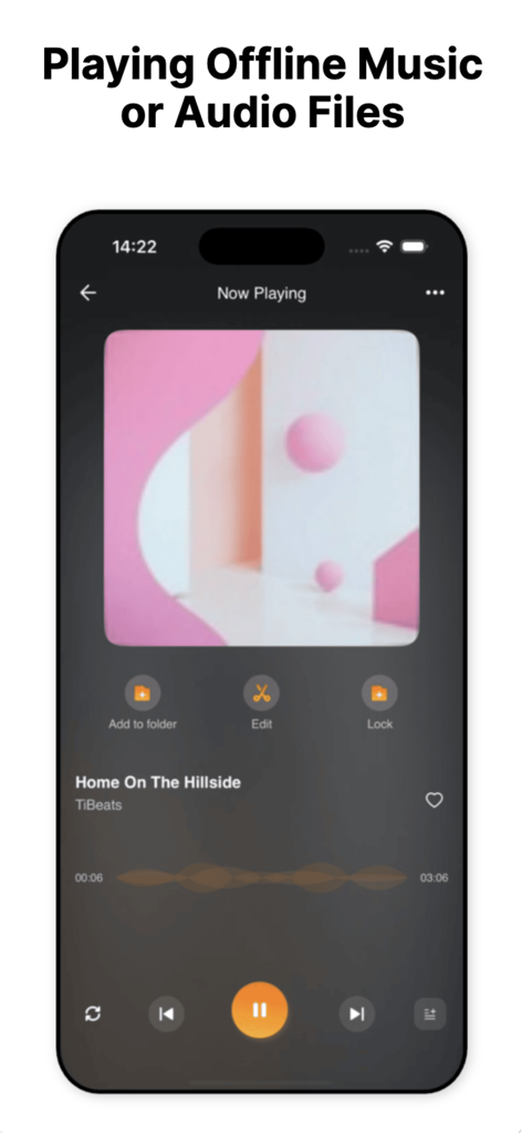 TiBeats: Music Player Offline - Interfaz de la aplicación del reproductor de música sin conexión de TiBeats que muestra la reproducción de música sin conexión con el título de la canción y los controles de audio en un iPhone.