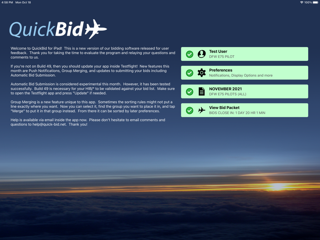 QuickBid - QuickBid App Dashboard auf dem iPad für die Flugplanbewerbung von Piloten mit Statusanzeige und Countdown.