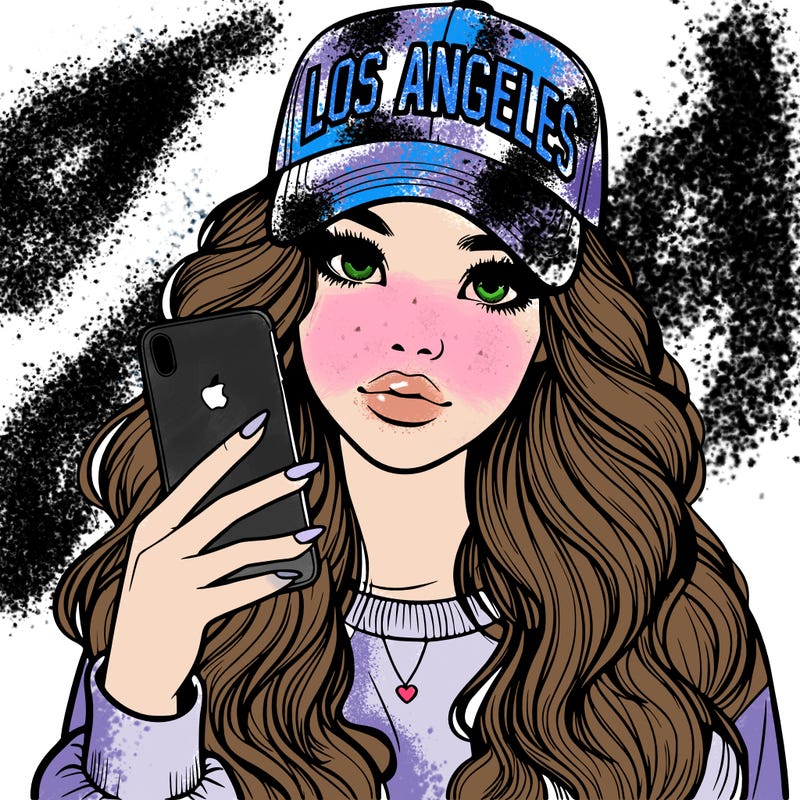 realistic beautiful girl wearing los ángeles cap holding an iphone