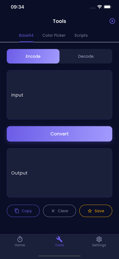 Delta Scriptable - Screenshot of Delta Scriptable app showing the Base64 encoder and decoder tool interface