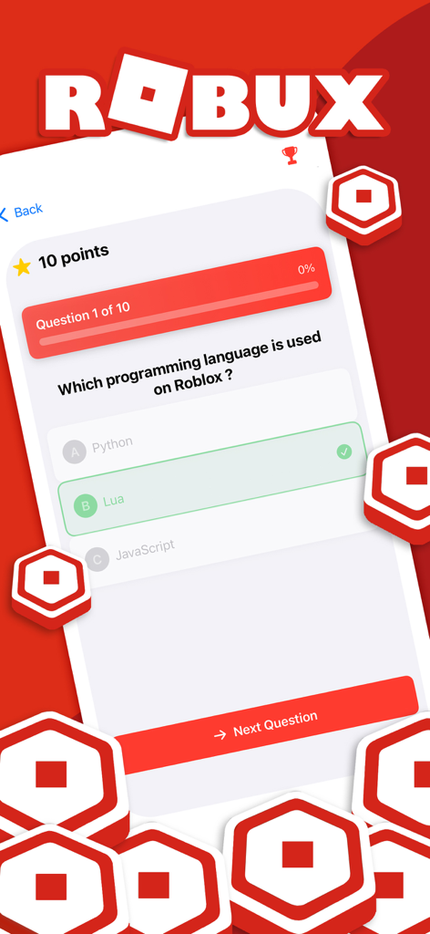 A mobile screen showing a trivia quiz question about Roblox programming languages in the Robux Maker app