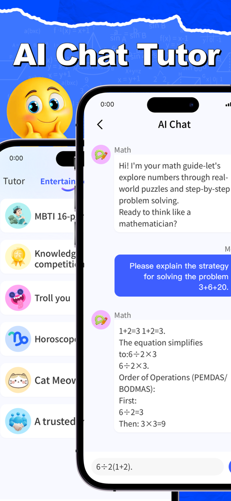 AI Scan Solver Homework Helper - Interface of the AI Scan Solver app showing a chat tutor explaining a math problem and a list of fun entertainment bots