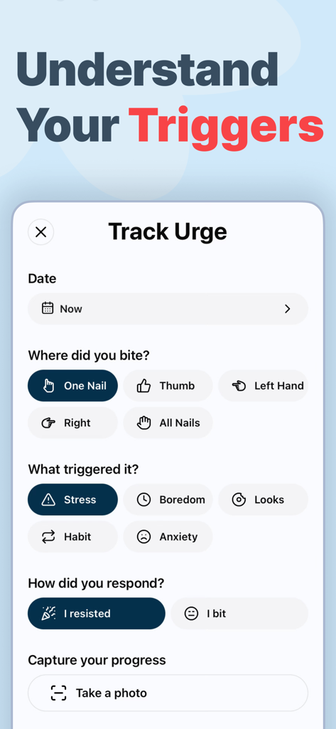 A mobile interface for tracking nail biting urges with options to select the location of the bite and emotional triggers like stress or anxiety
