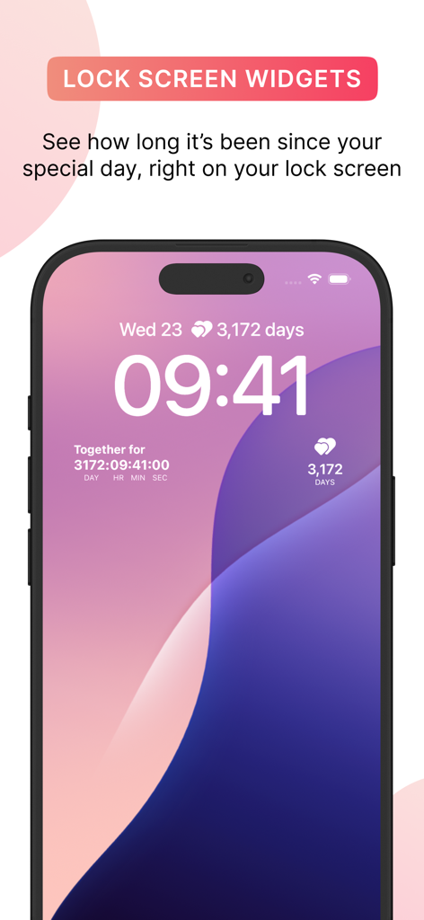 Luvy - Couples & Relationship - iPhone Sperrbildschirm mit Beziehungs-Widgets für Paare, die Jahrestag-Zähler und Herzen anzeigen