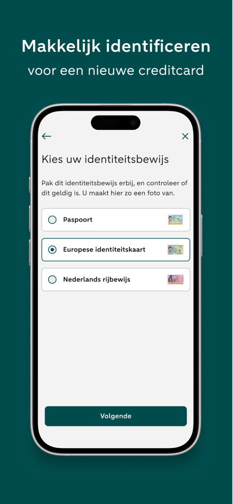 ABN AMRO Creditcard - Identity verification screen in the ABN AMRO Creditcard app displaying options to select a passport, European identity card, or Dutch driver's license.