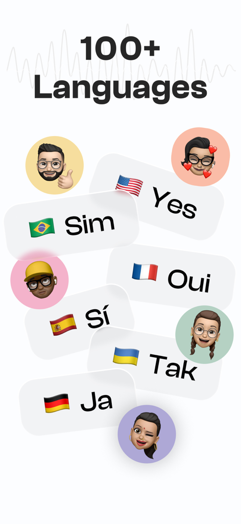 Interface de l'application Notee AI Note Taker soulignant la prise en charge de plus de 100 langues avec des avatars divers et des drapeaux nationaux.