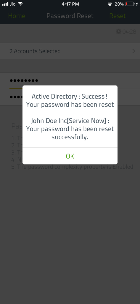 Success notification popup in ADSelfService Plus showing successful password reset for Active Directory and ServiceNow
