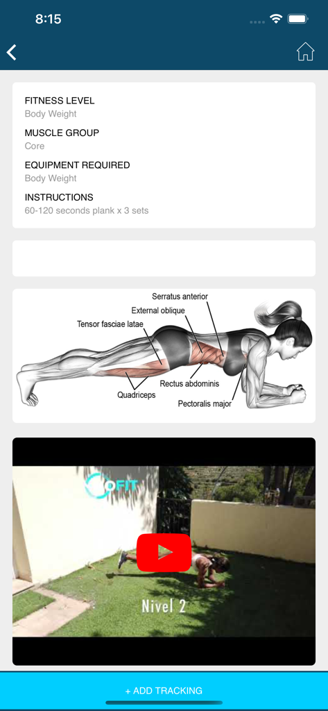 NeoFit - NeoFit app screen showing plank exercise instructions with a muscle anatomy diagram and a workout video tutorial