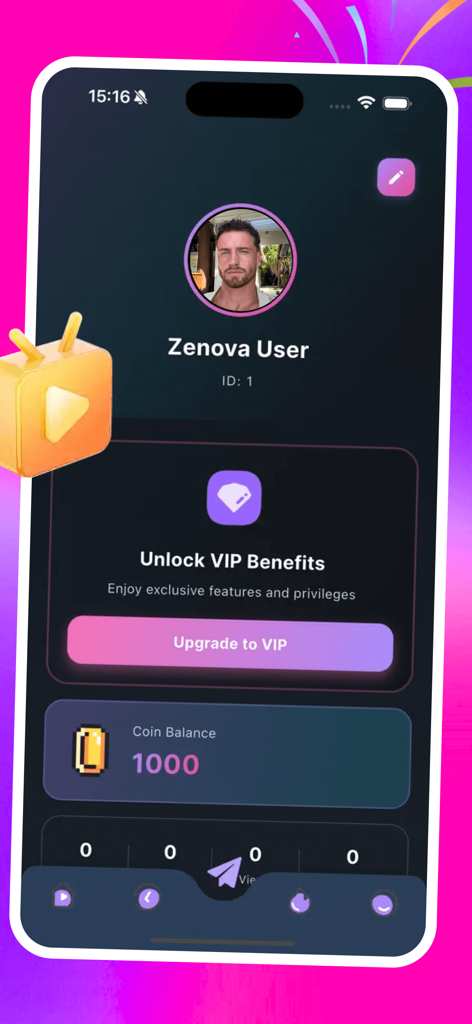 Zeno - motion - User profile interface of Zeno motion app showing VIP membership upgrade button and coin balance