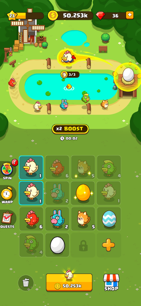Merge Chicken - Idle Tycoon - Gameplay screen of Merge Chicken Idle Tycoon showing a farm track with chickens and a merge grid for evolution.