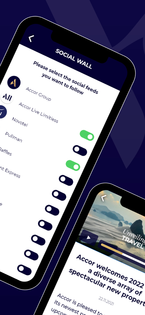AccorLive - AccorLive app interface showing the social wall settings to follow various hotel brand feeds like Novotel and Pullman