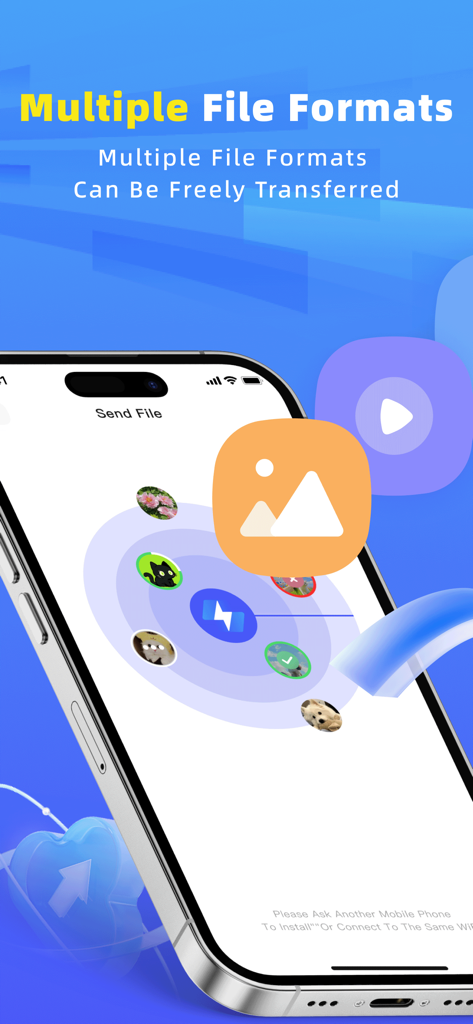 Files Transfer app interface showing high speed sharing of different file formats on an iPhone.