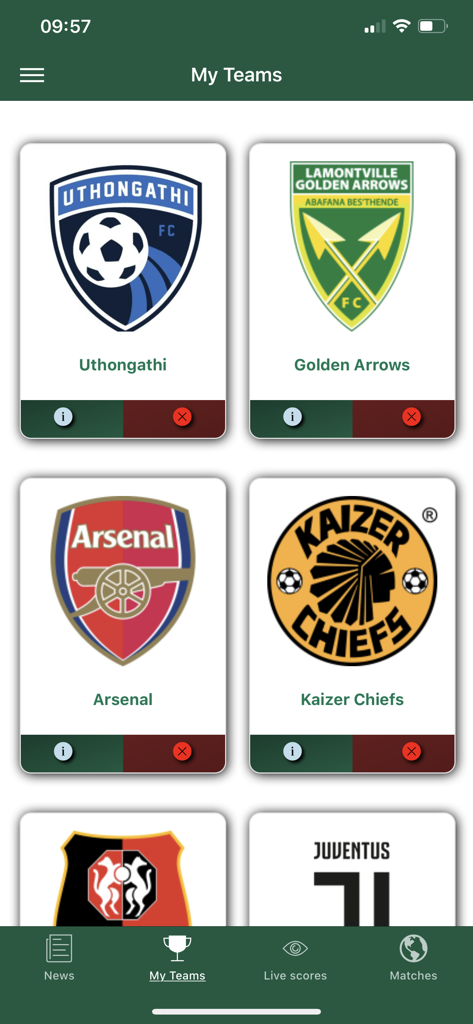 FARPost - Sección Mis Equipos de la app FARPost mostrando clubes de fútbol favoritos como Arsenal y Kaizer Chiefs.