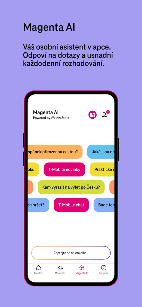 Captura de pantalla de la app Muj T-Mobile con la interfaz del asistente Magenta AI con coloridos botones de indicación para soporte al cliente y sugerencias