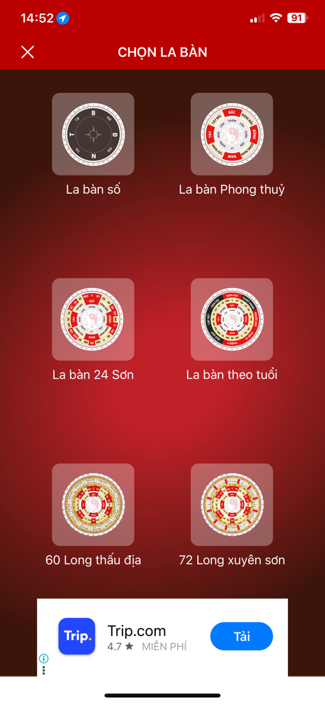 La ban Phong thuy - Laban - Menu interface of the Laban Feng Shui app showing options for digital and traditional Vietnamese compasses like the 24-azimuth and age-based versions.