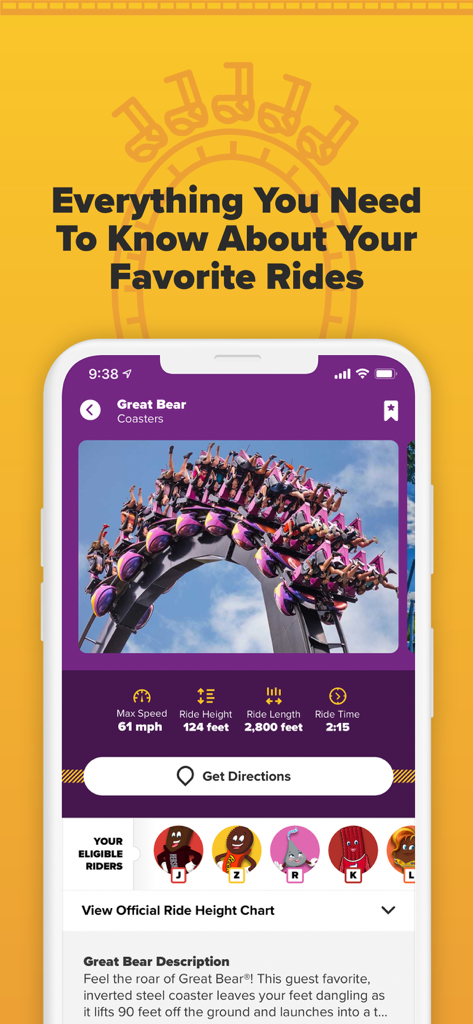 Hersheypark - Screenshot of the Hersheypark app showing ride statistics for the Great Bear roller coaster including speed height and duration